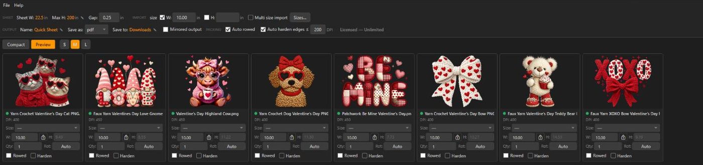 Gang Sheet Automator job list — DTF artwork with per-design sizing, quantities and DPI quality indicators