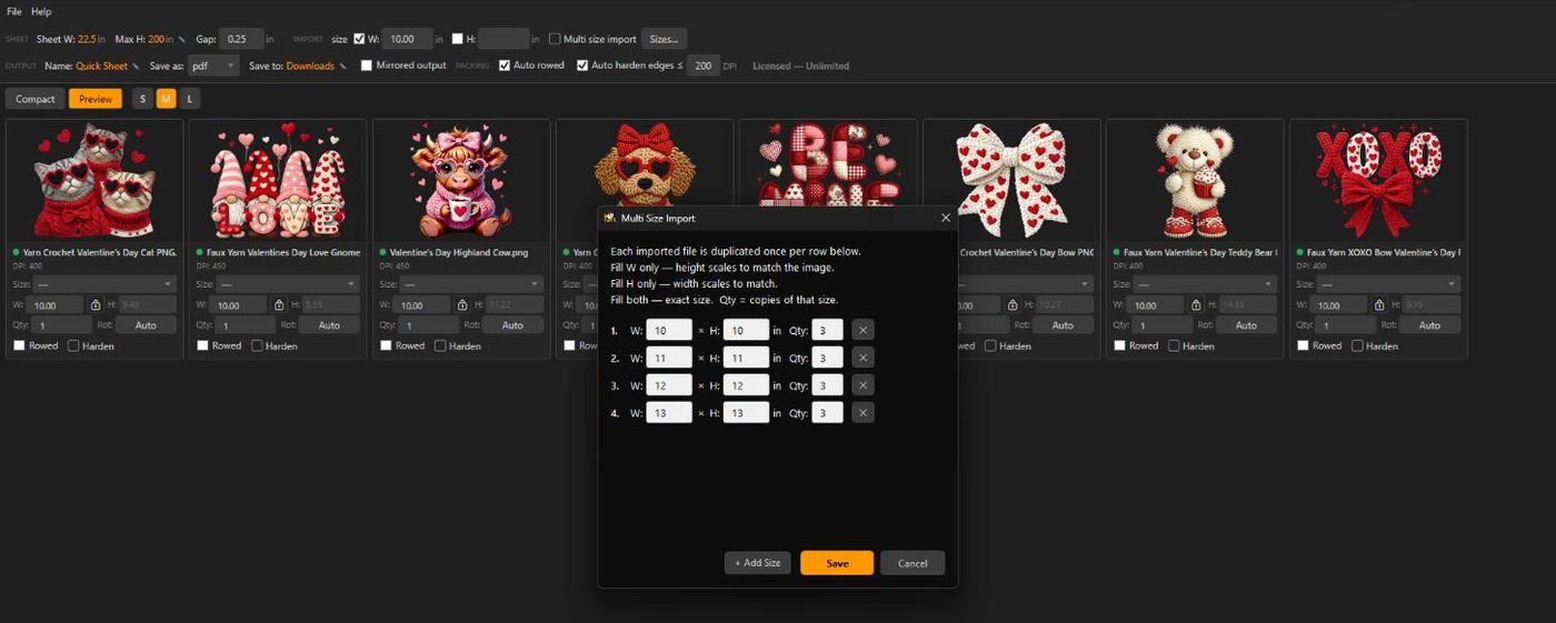Gang Sheet Automator Multi Size Import — one artwork file duplicated across a full size run