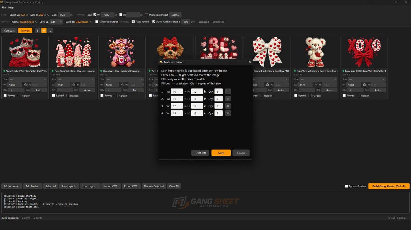 Gang Sheet Automator — Multi Size Import duplicating one design across a full size run