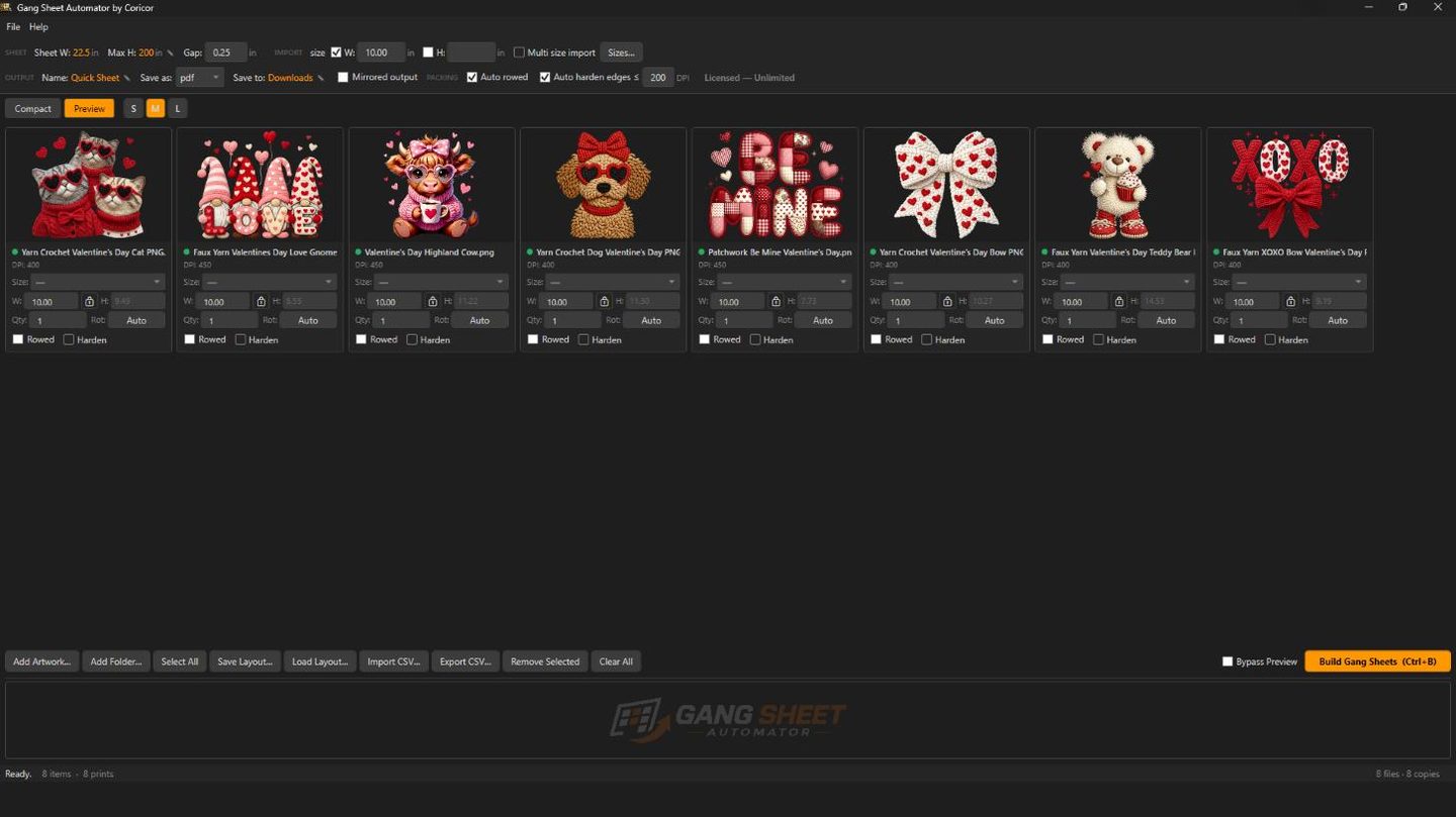 Gang Sheet Automator software — DTF artwork job list with sizes, quantities and quality indicators